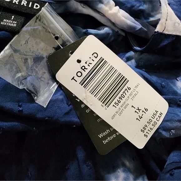 Torrid Tea-Length Chiffon Clip Dot Blue Tie Dye Midi Dress Plus Size 1 1X new!!! - Picture 8 of 13